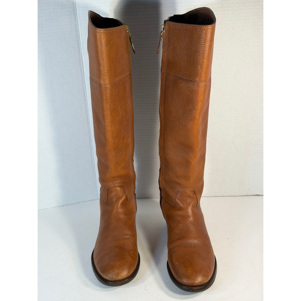 Tory Burch Brown Pebbled Leather Tall Riding Boots Gold Logo Medallion 8M